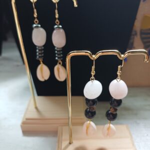 Boucle d'oreille quartz rose , obsidienne et cory