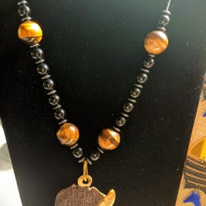 Collier Carte D'AFRIQUE en Bronze Obsidienne Œil Du Tigre